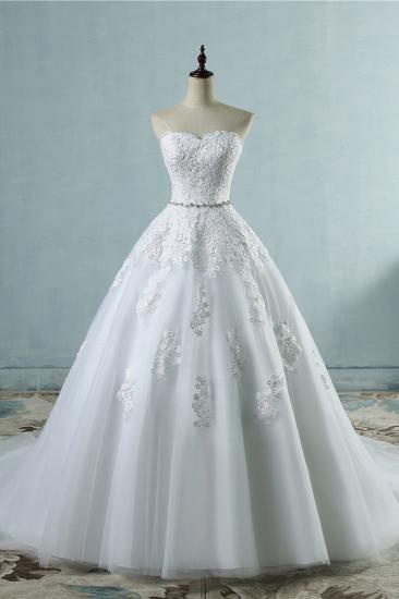 TsClothzone Sexy Strapless Sweetheart Tulle Wedding Dress Sleeveless Appliques Bridal Gowns with Beadings Sash_1