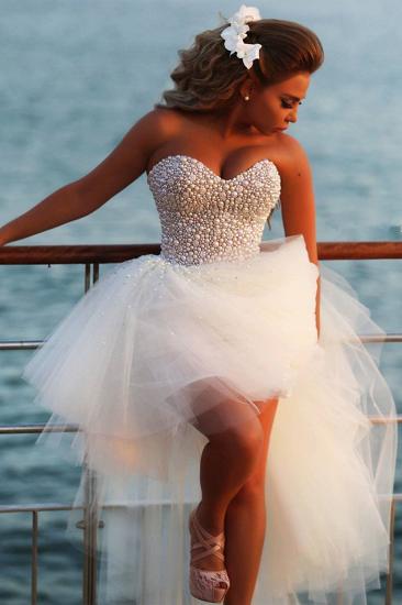 Kristallweißes Schatz-Tüll-Strand-Wediing-Kleid, süßes Ballkleid, neueste Sommer-Brautkleider mit Perlenstickerei