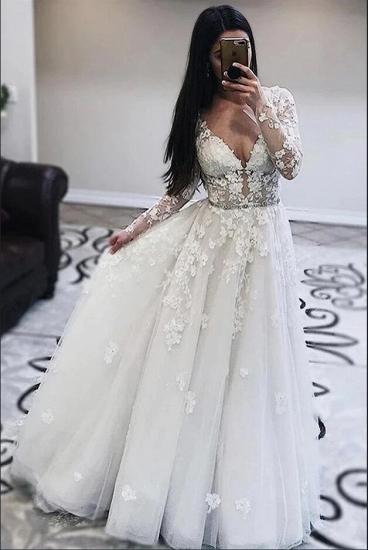 Elegant Tulle Lace Wedding Dress Long  Sleeves Floral  V-Neck Bridal Dress_2
