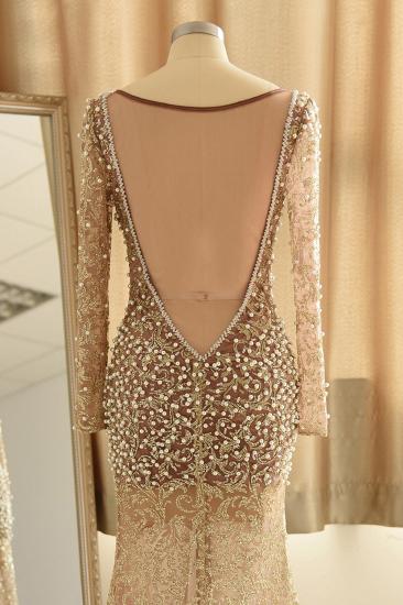 Illusion neck Champange Pearls Long High split Prom Dress_7
