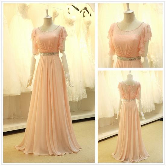 Pink Lace Sparkly Crystal Sash Cute Long Prom Dresses with Unique Sleeve Pretty 2022 Popular Evening Gowns_2