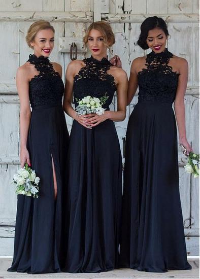 Slit Lace &amp; Chiffon High Collar A-line Bridesmaid Dress