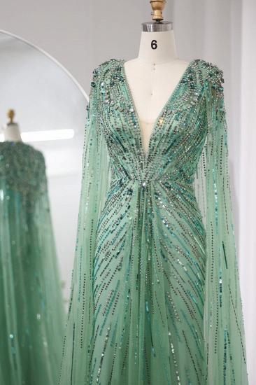 Luxuriöse Meerjungfrau-Abendkleider mit V-Ausschnitt, Kristallen, Pailletten und Cape-Ärmeln, langes Dubai-Partykleid für die Hochzeit_8