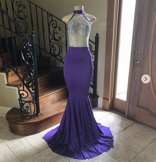 Crystal Beading Illusion Top Halter Long Mermaid Prom Gowns_2