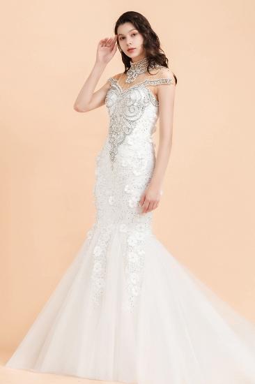 Sparkle High neck Mermaid Silver Beaded White Wedding Dress_6