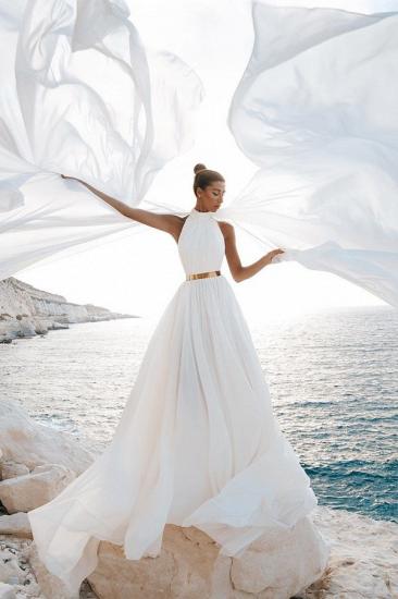 Halter White Chiffon Beach Wedding Dress Long Simple Bridal Dress with Split_1