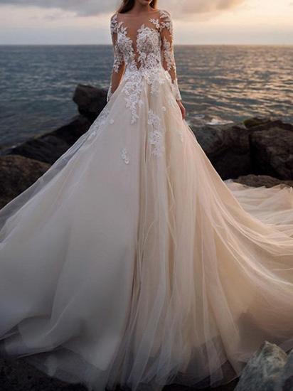 A-Line Wedding Dress Bateau Lace Tulle Long Sleeves Bridal Gowns Formal See-Through with Court Train