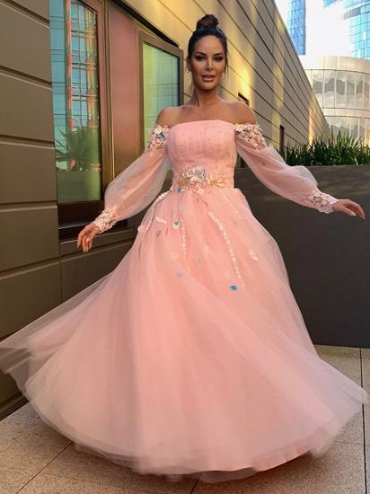 Pink puffy pricess tulle long sleeves floor lenth prom dress_5