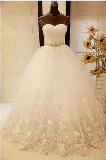 White Lace Sweetheart Crystal Long Wedding Dresses Ball Gown Lace-Up Tulle Fitted Bridal Gowns