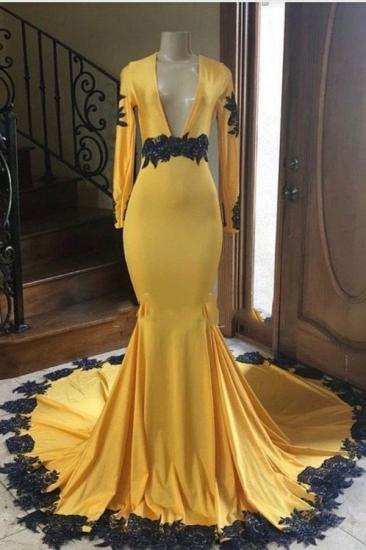 Deep V-neck Long Sleeves Black Appliques Yellow Mermaid Prom Dresses_1