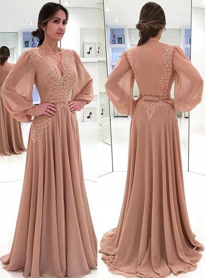 Elegant Champagne Puffy Sleeves Mother of the bride Dress | V-Neck Chiffon A-line Evening Gowns