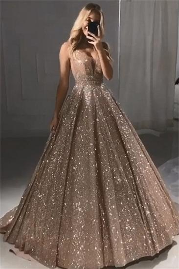 Sparkly Champagne Gold Pailletten Abendkleider Günstige | Wunderschöne glänzende Abendkleider mit ärmellosen Trägern 2022