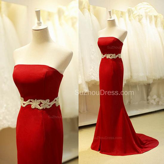 Sheath Modest Red Strapless Long Evening Dresses with Crystal Belt Affordable Lace-up Sexy Dresses for Women_3