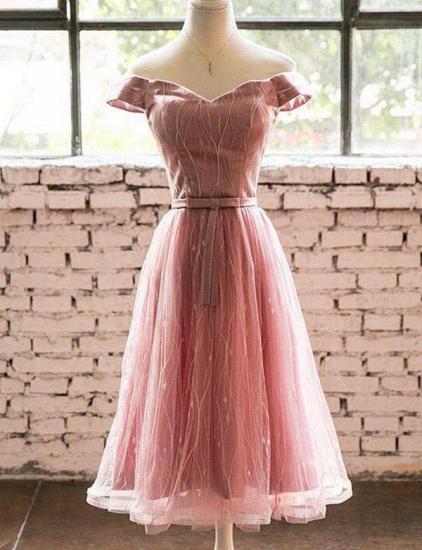 Elegant Short Sleeves A-Line Off-the-Shoulder Tea-Length Homecoming Dress_1