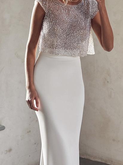 Sexy See-Through Two Piece Mermaid Wedding Dress Tulle Sequined Chiffon Cap Sleeve Bridal Gowns_3