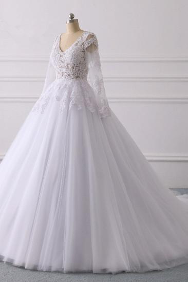 TsClothzone Elegantes Brautkleid mit V-Ausschnitt und langen Ärmeln, weißes Tüll, Spitzenapplikationen, Brautkleider im Angebot_4