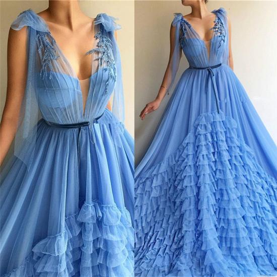 Sexy Tulle Deep V Neck Blue Prom Dress | Chic Sleeveless Layers Long Prom Dress with Sash_3