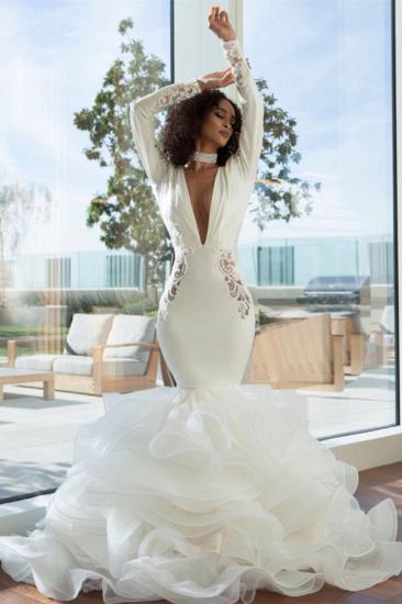 Sexy Mermaid Deep V Neck Stretch Satin And Stacked Organza Holed Back Wedding Dresses With Lace Appliques | Floor Length Bride's Gowns