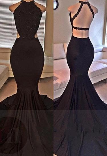 Backless Mermaid Lace Sleeveless Black Long Prom Dresses_2