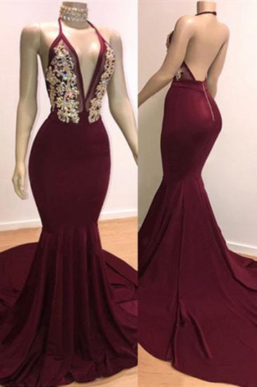 Backless Burgundy Prom Dresses | Sleeveless Mermaid Cheap Evening Gowns with Crystals