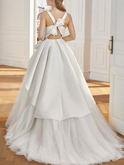 Vintage A-Line Wedding Dress V-neck Satin Tulle Sleeveless Sexy Bridal Gowns in Color Backless with Sweep Train_2