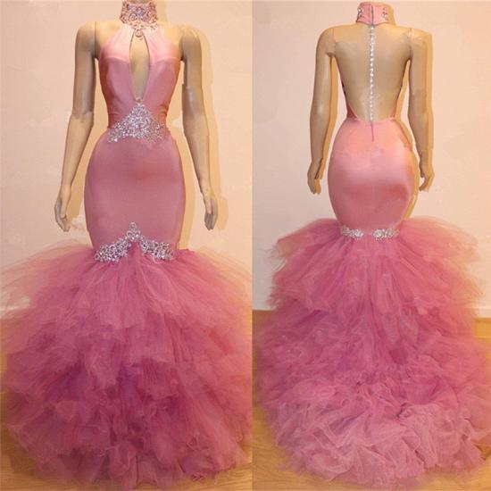 High Neck Sexy Keyhole Tulle Mermaid Pink Prom Dress | Sleeveless Beads Crystals Cheap Prom Dress 2022_3