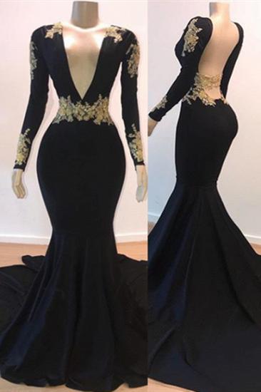 Open Back Gold Lace Black Prom Dresses Cheap | Mermaid Long Sleeve Formal Evening Gowns