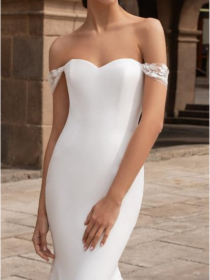 Romantic Sexy Backless Mermaid Wedding Dress Off Shoulder Satin Short Sleeve Bridal Gowns with Court Train_3