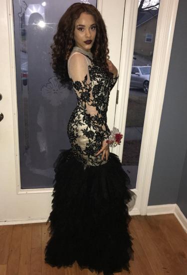 Long Sleeve Beads Black Lace Prom Dress 2022 | Sheath Ruffles Tulle Sexy Evening Gown