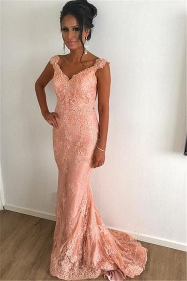 Straps Lace Coral Pink Evening Dresses | Sexy Sleeveless Column Sweep Train  Prom Dress