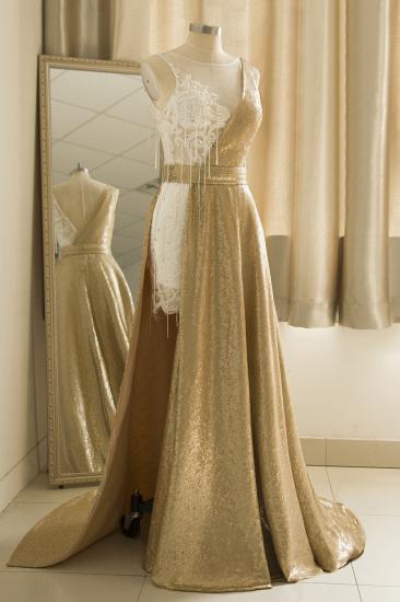 Sparkle Gold One shoulder Lace Sequined Prom Dress with Belt_4