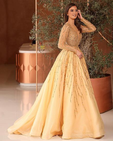 Goldfarbenes, langärmliges, a-linienförmiges, bodenlanges Abendkleid mit V-Ausschnitt_2