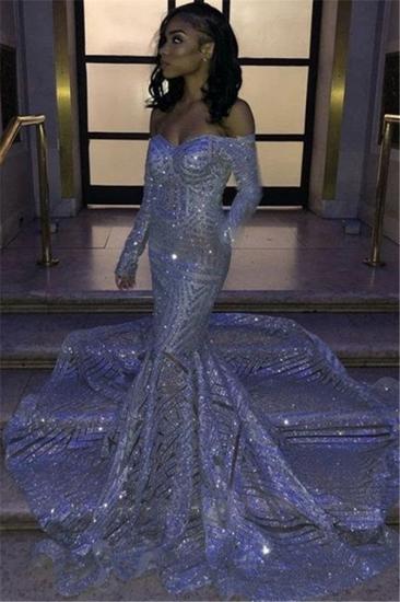 Sparkle Silver Sequin Prom Dresses Cheap | Mermaid Long Sleeve Sexy Evening Gowns