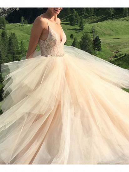 Sexy A-Line Wedding Dress V-neck Spaghetti Strap Lace Tulle Sleeveless Bridal Gowns with Sweep Train_3