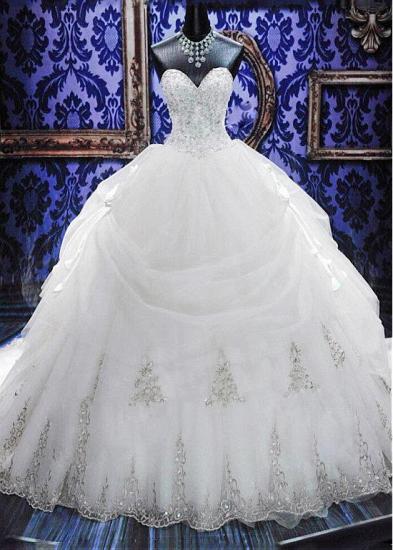 Elegantes weißes Schatz-Kristallballkleid-Hochzeits-Kleid-Gerichts-Zug Bowknot-Brautkleider mit Perlenstickereien