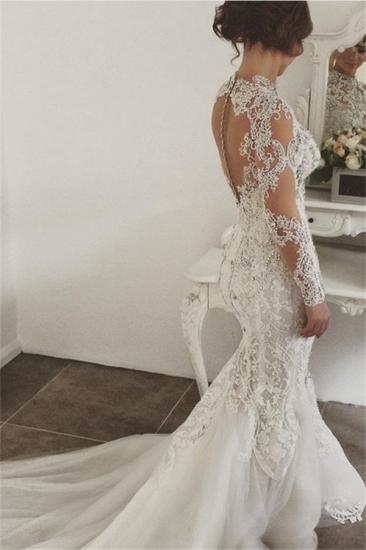 Elegant Mermaid Long Sleeves Lace High Neck Crystal Wedding Dresses | Sexy Beading Bridal Gowns With Buttons_3