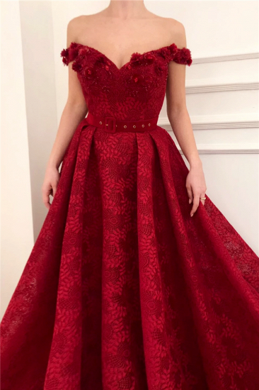 Off The Shoulder Ruby Lace Evening Dresses | Sexy Beading Appliques Flowers Prom Dresses_3