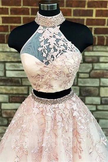 Gorgeous Halter Two Piece Applique Prom Dresses | Elegant Lace Up Crystal Evening Dresses with Beads_4