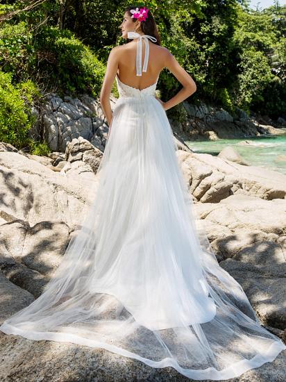 Affordable A-Line Wedding Dress Halter Lace Organza Sleeveless Bridal Gowns Open Back with Chapel Train_4