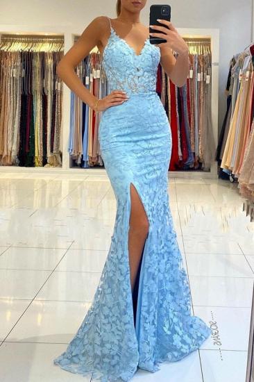 V-neck Sky Blue High Split Special Lace Design Evening Dress_1