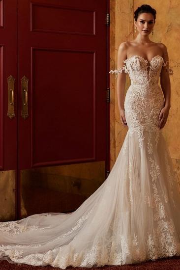 Gorgeous Off Shoulder Floral Lace Wedding Dress in Mermaid Tulle Bridal Dress_1