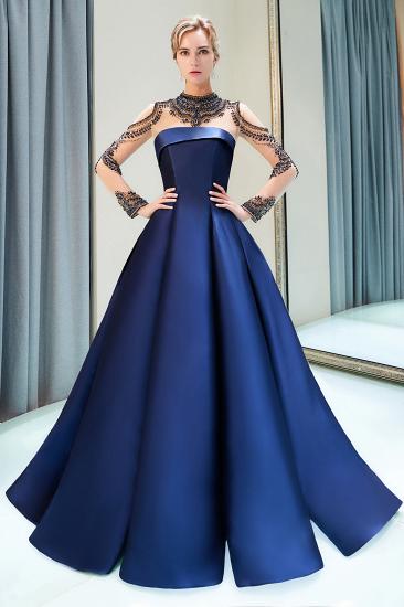MARIN | A-line Long Sleeves Beading Neckline Satin Evening Gowns_2
