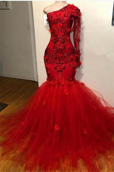 Elegant Red One-Shoulder Long-Sleeves Appliques Mermaid Prom Dress