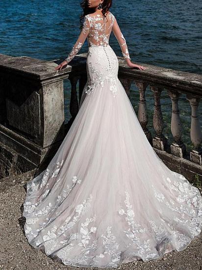 Formal Mermaid Jewel Wedding Dress Lace Tulle Long Sleeve Sexy See-Through Bridal Gowns with Court Train_3