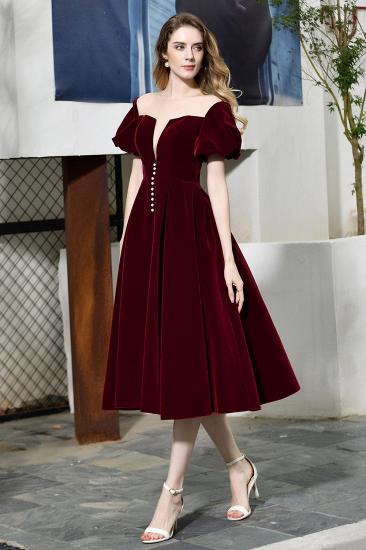 Arick | Unique Burgundy Bubble Sleeve V-neck Velvet Short Prom Dress_5