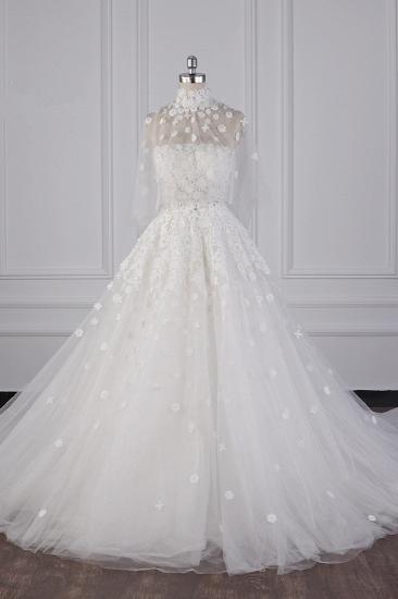TsClothzone Chic High-Neck Tulle Lace Wedding Dress Appliques Beadings Long Sleeves Bridal Gowns On Sale