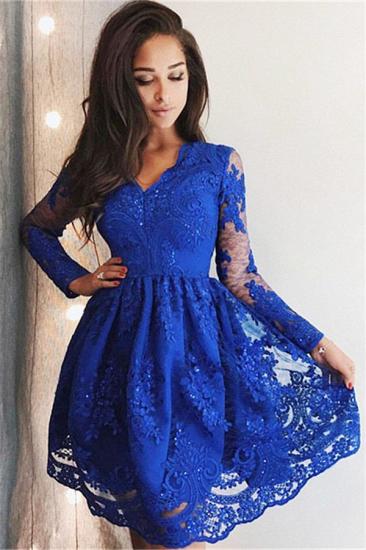 Cute Royal Blue Lace Long Sleeve Homecoming Dress |  Short Hoco Dresses_2