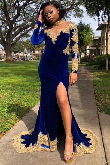 Velvet Long Sleeve Mermaid Evening Gowns Side Split Gold Apliques Prom Dress Royal Blue_3