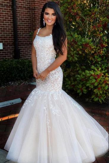 Elegant White Straps Tulle Lace Appliques Mermaid Bridal Gown_2