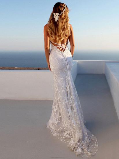 Spaghetti Straps Tulle V Neck Appliques Backless Mermaid Wedding Dresses_3